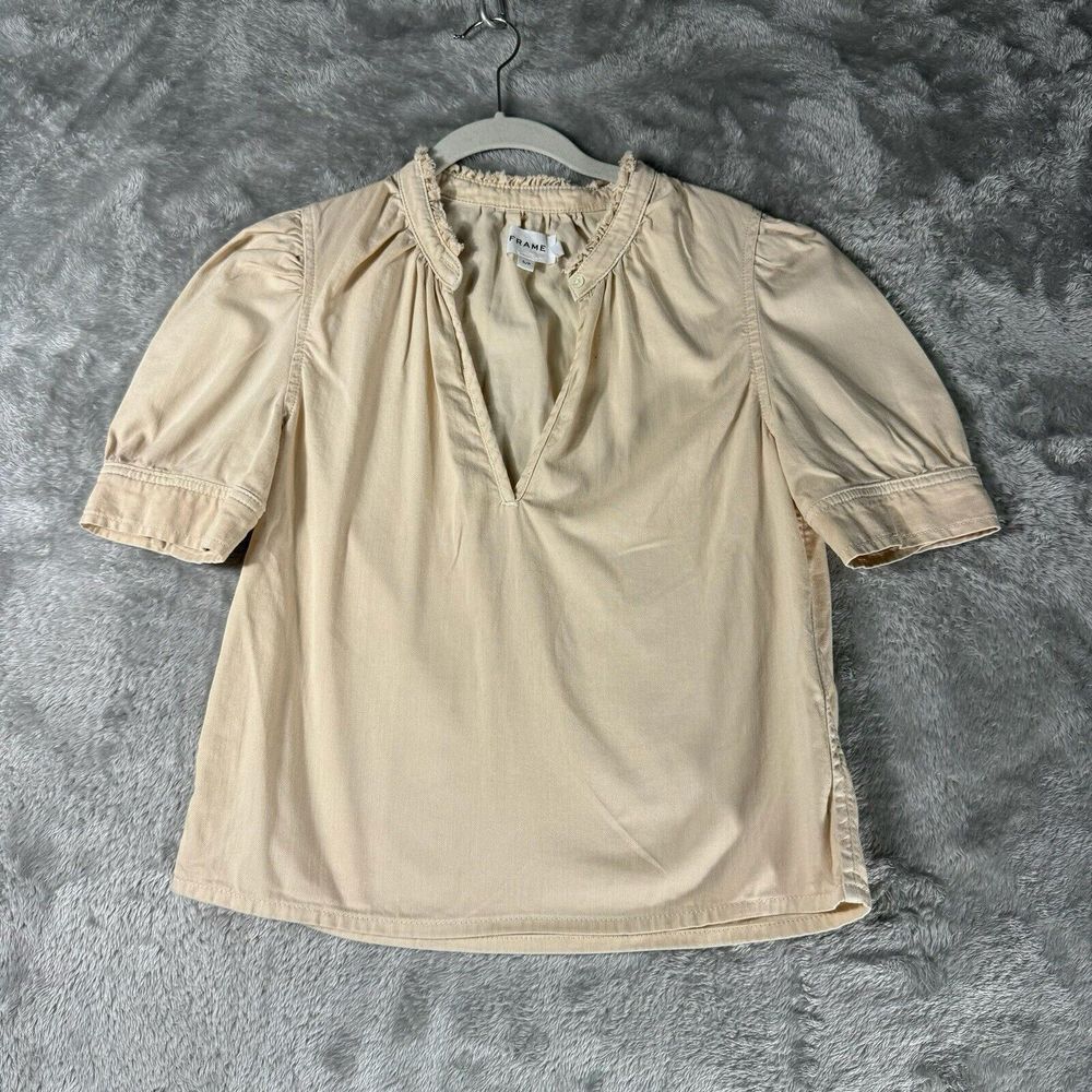 Frame Denim Cream Ruffle-Neck Short-Sleeve Blouse